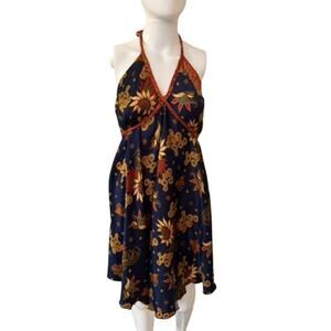Batik Sutera Halus Silk Halter Dress Handmade Indonesia Floral Blue OS